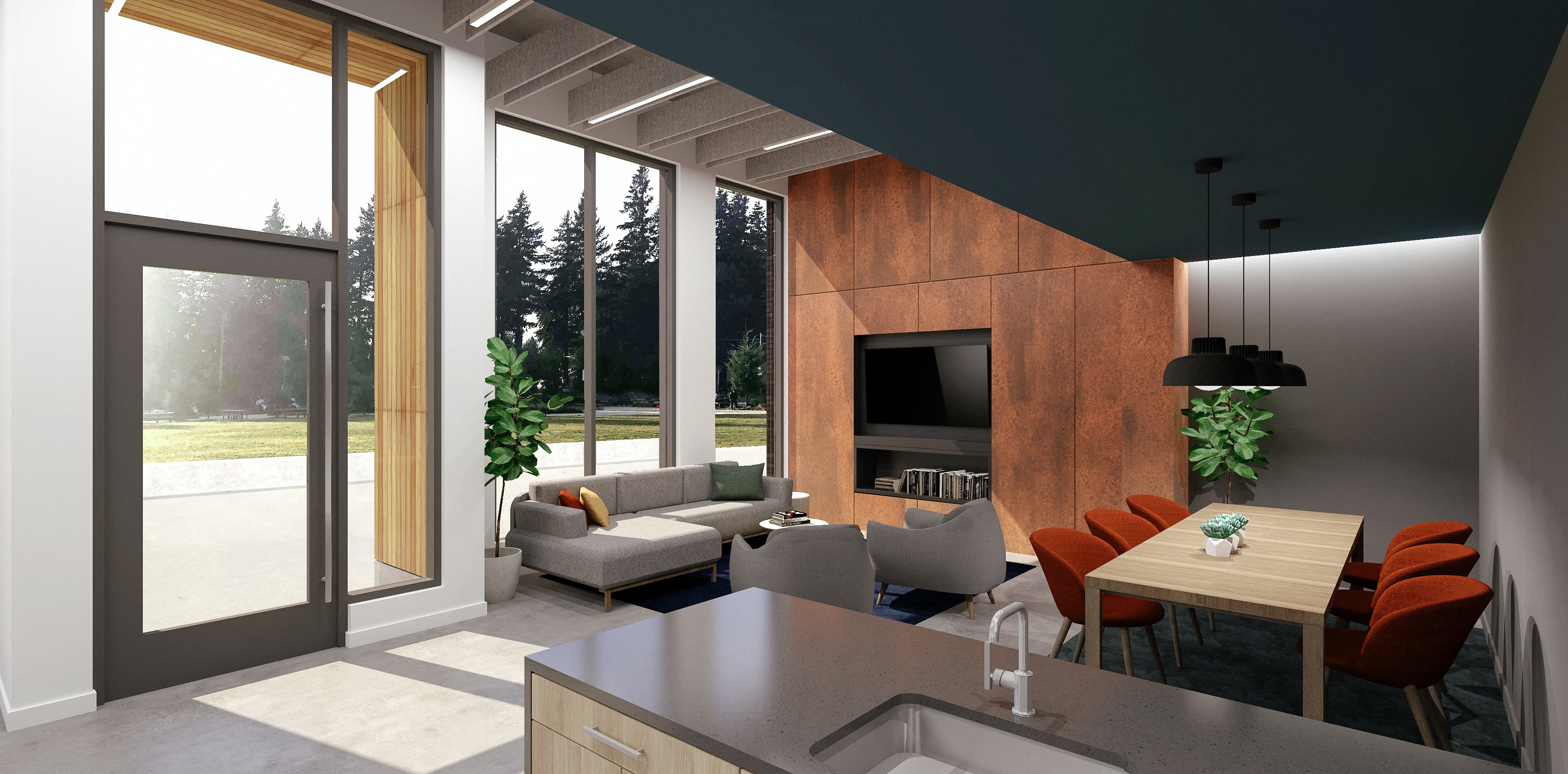 a living room and dining room in a modern house